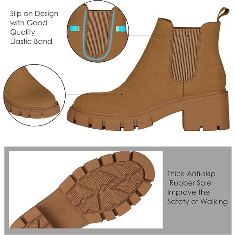 Women's Brown Lug Sole Chunky Heel Slip on Elastic Ankle Chelsea Booties - Picture 4 of 5